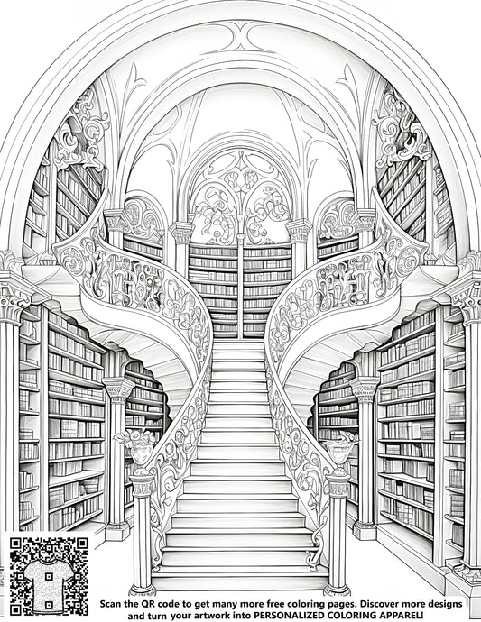 FREE Grand Library Coloring Page - Printable Detailed Black and White Drawing