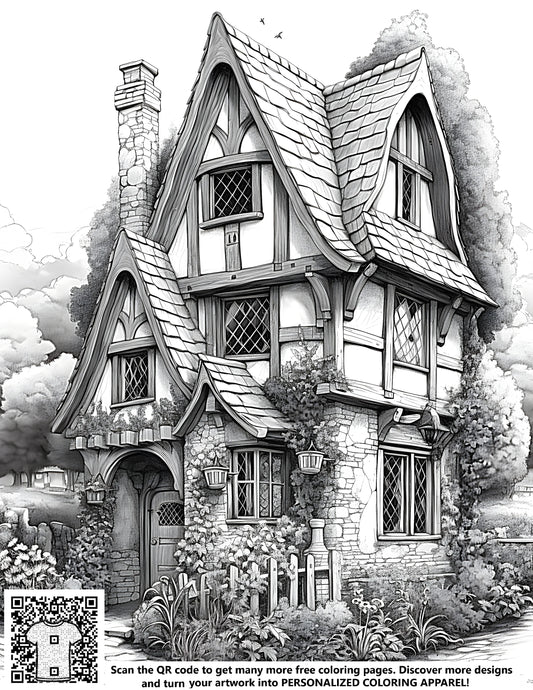 FREE Cottage Coloring Page - Printable Grayscale Drawing of Quaint Cottage with Garden and Trees