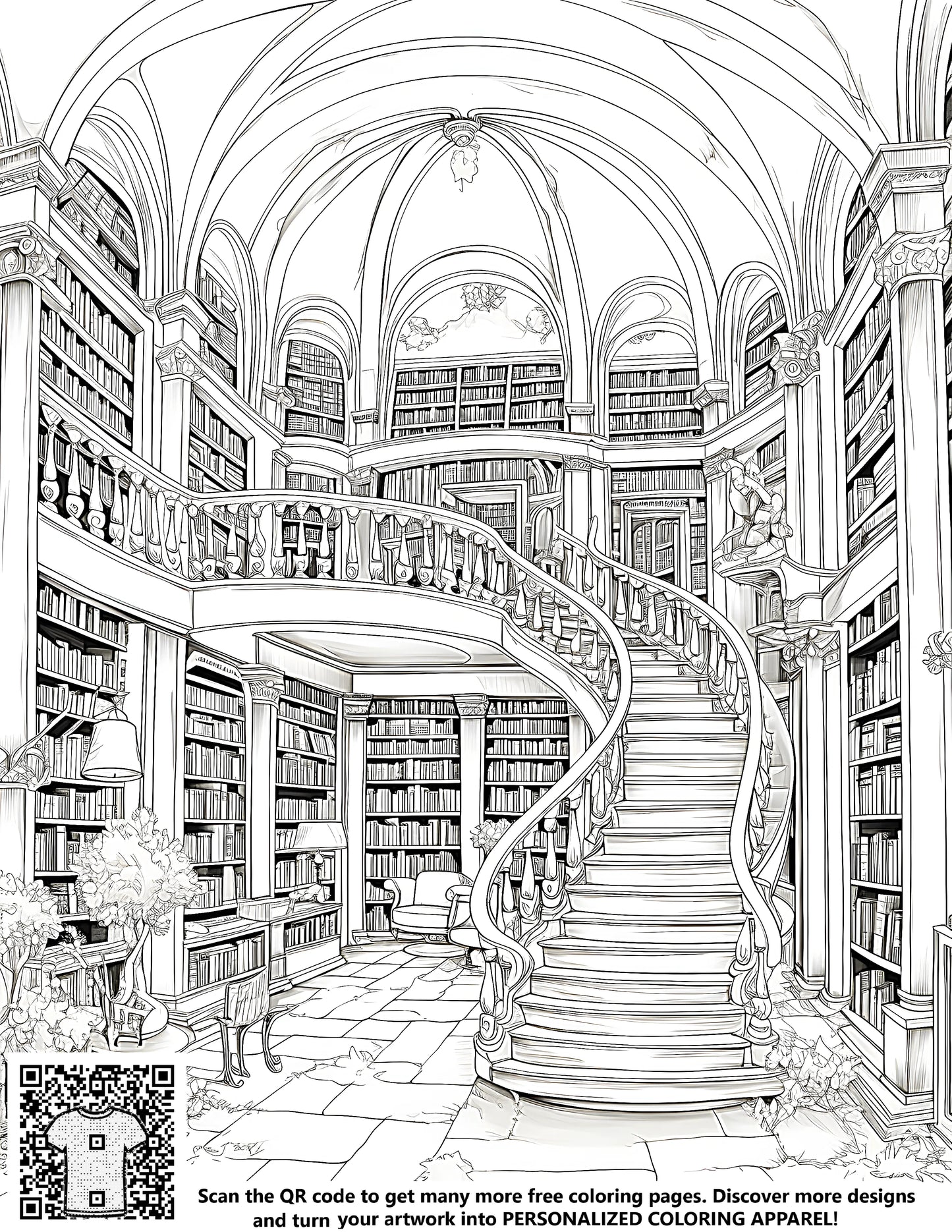 Intricate black and white illustration of a grand historic book repository, study hall, reading room, or academic institution with a curved staircase and shelves filled with literature, Free coloring page