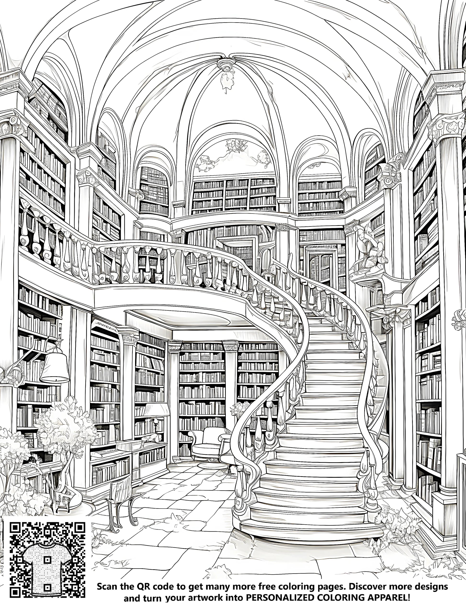 Intricate black and white illustration of a grand historic book repository, study hall, reading room, or academic institution with a curved staircase and shelves filled with literature, Free coloring page