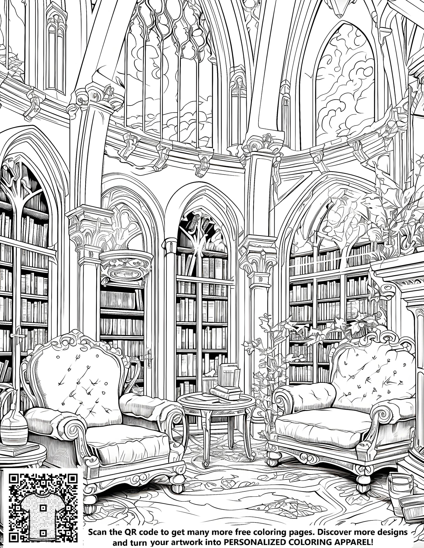 Free coloring page of a library interior with gothic architecture, armchairs, and bookshelves for kids and adults to print and color. Illustration of a study room or reading nook with ornate details.