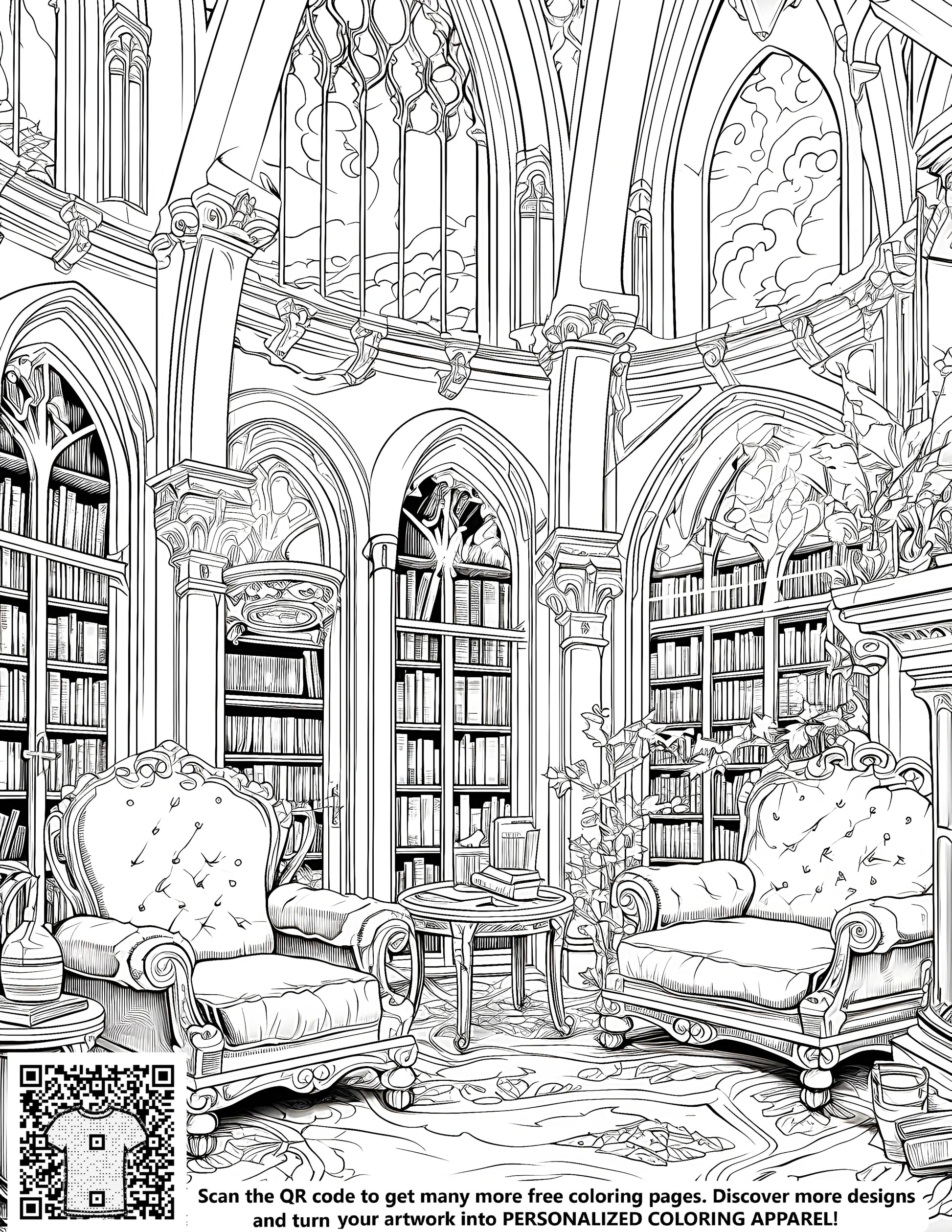 Free coloring page of a library interior with gothic architecture, armchairs, and bookshelves for kids and adults to print and color. Illustration of a study room or reading nook with ornate details.