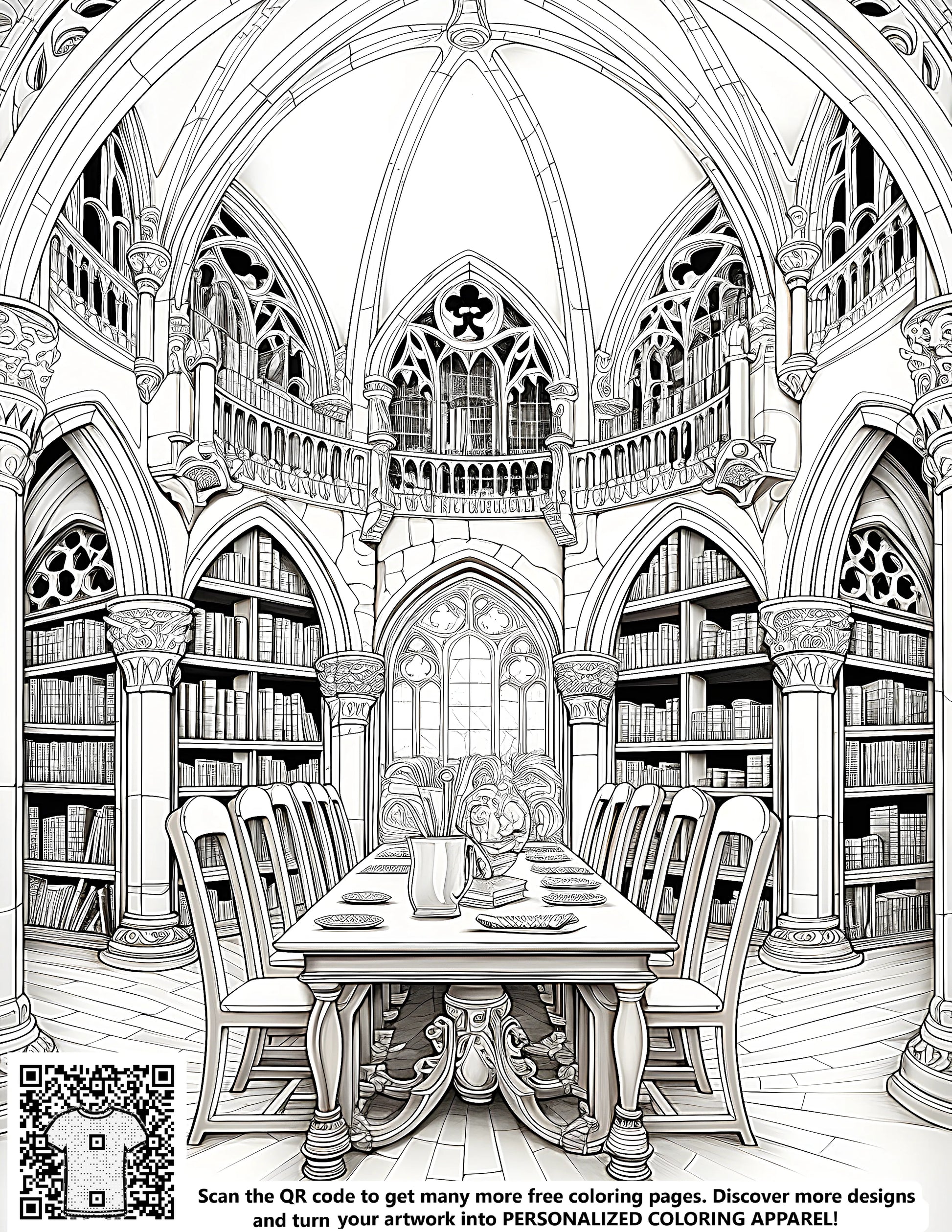 Coloring page of a medieval library interior with free coloring pages, fabric markers, and educational kids crafts