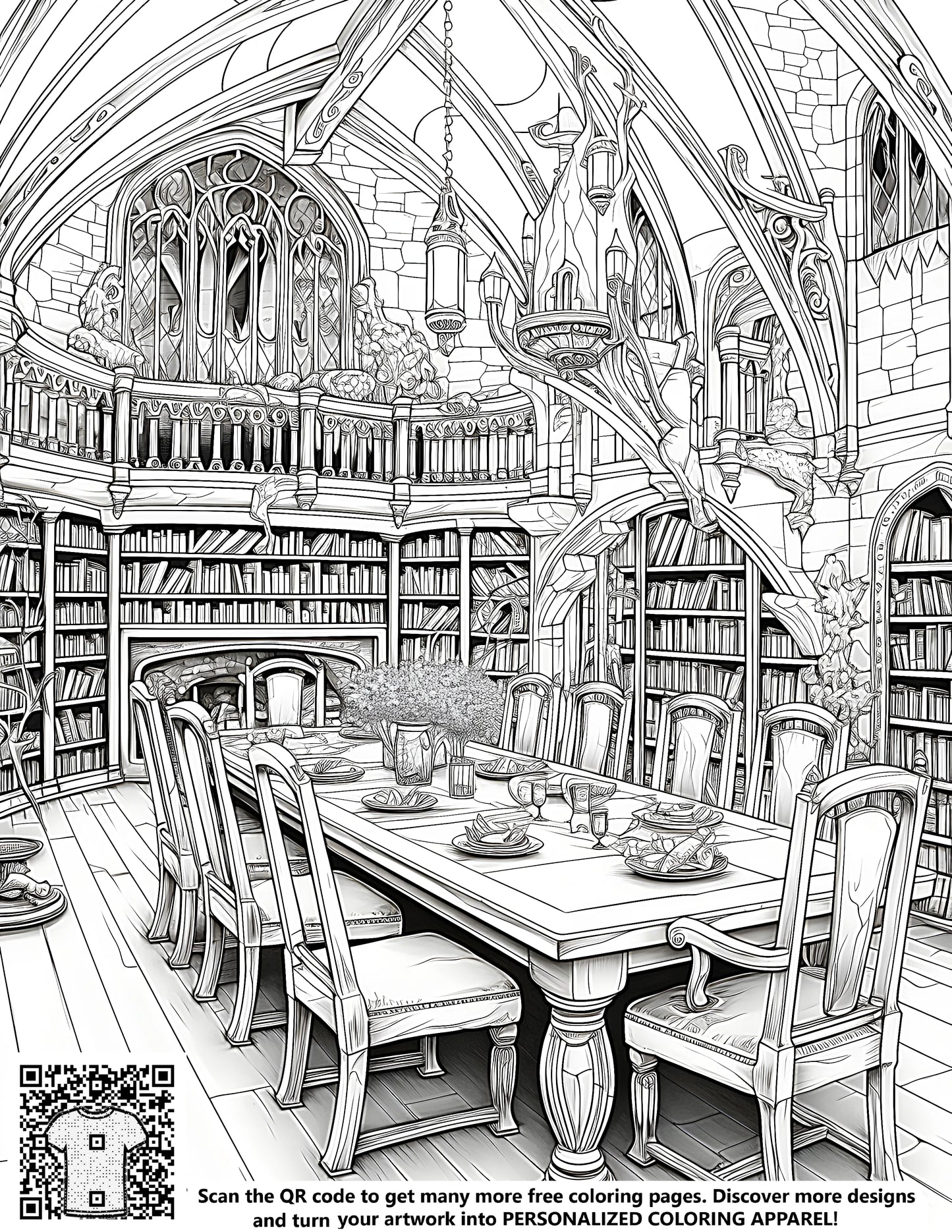 Intricately detailed medieval study library interior design illustrations for coloring pages. Includes grand tables, chairs, bookshelves and gothic arches.