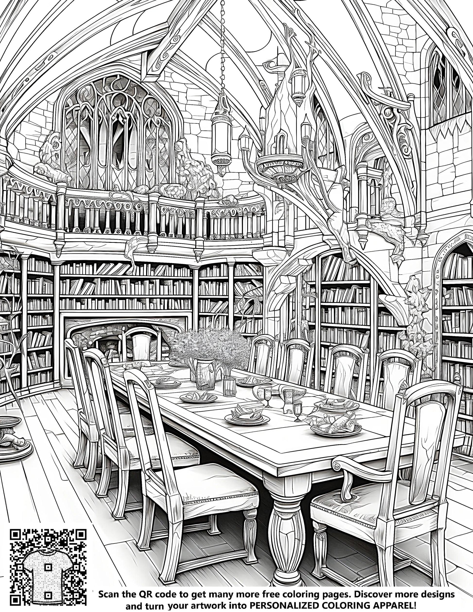 Intricately detailed medieval study library interior design illustrations for coloring pages. Includes grand tables, chairs, bookshelves and gothic arches.