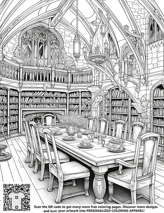 FREE Medieval Dining Room Library Coloring Page - Intricate Line Art Download