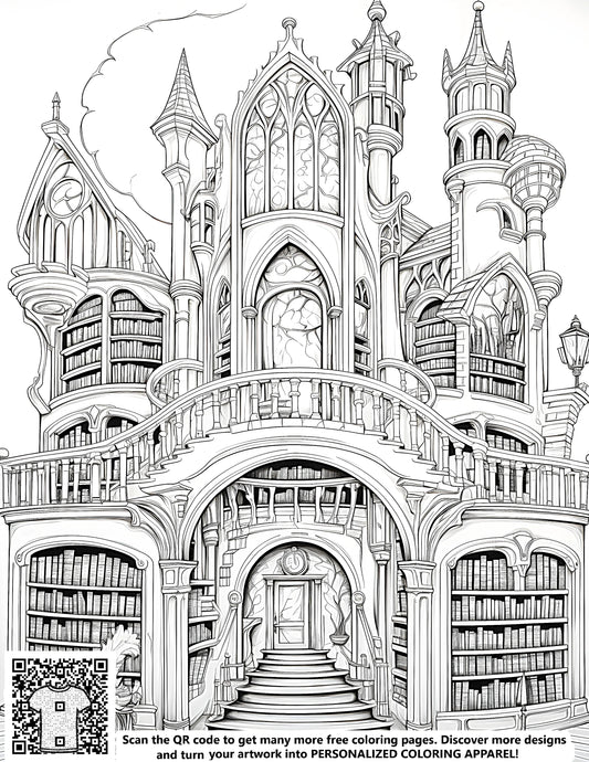 FREE Fantasy Castle Library Coloring Page - Detailed Gothic Architecture Printable