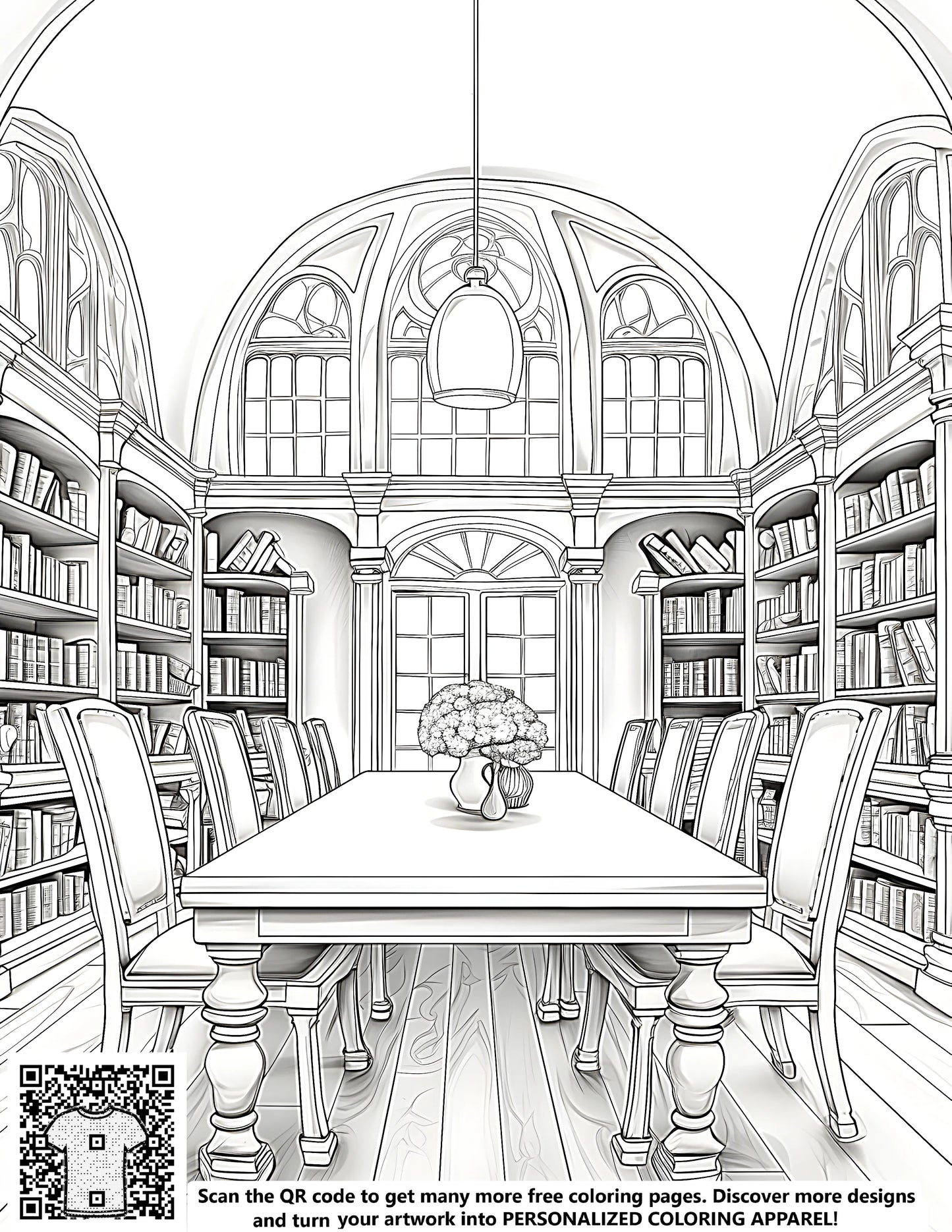 Victorian library illustration, free coloring page, educational kit with 10 fabric markers
