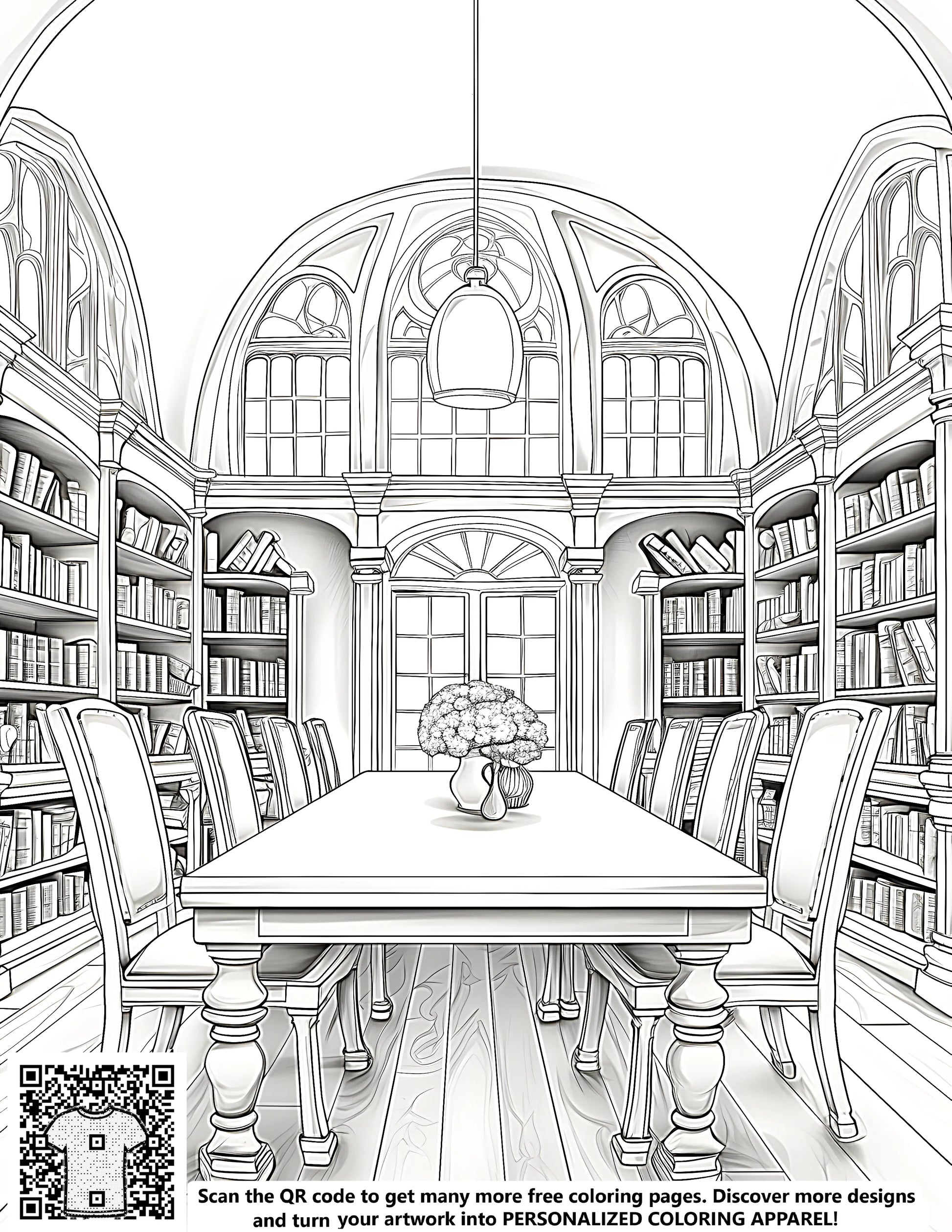Victorian library illustration, free coloring page, educational kit with 10 fabric markers