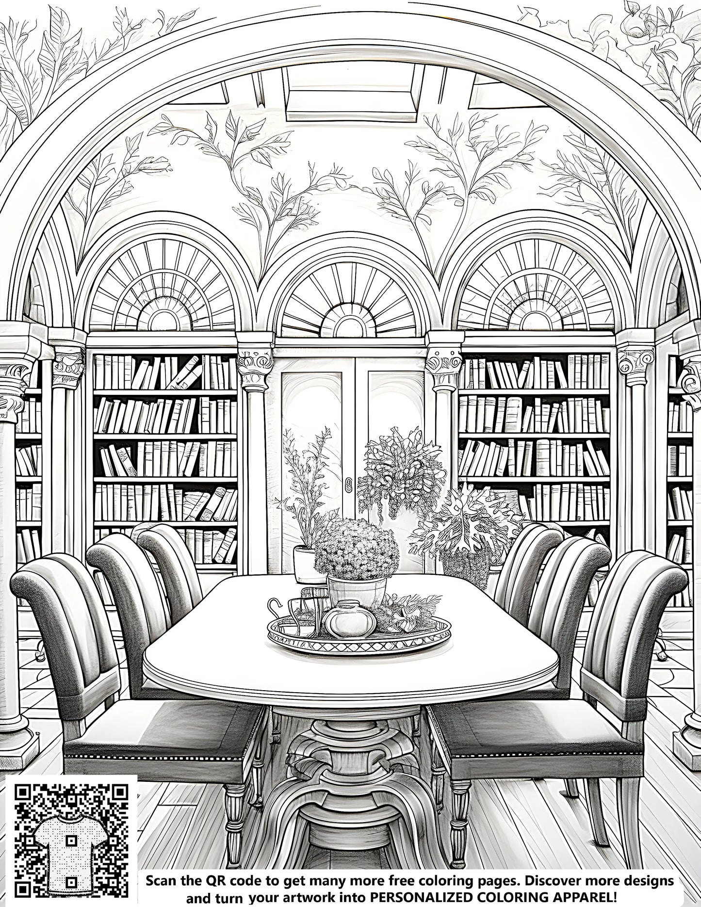 Detailed illustration of a cozy library room with arched ceilings, bookshelves, dining table, and chairs, featuring decorative plants. Free coloring page for adults and kids.