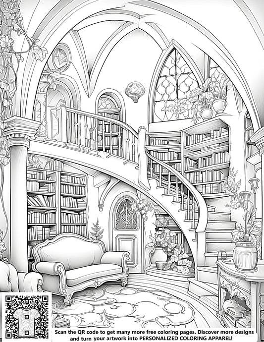 FREE Cozy Library Coloring Page - Printable Grand Staircase and Bookshelves Illustration