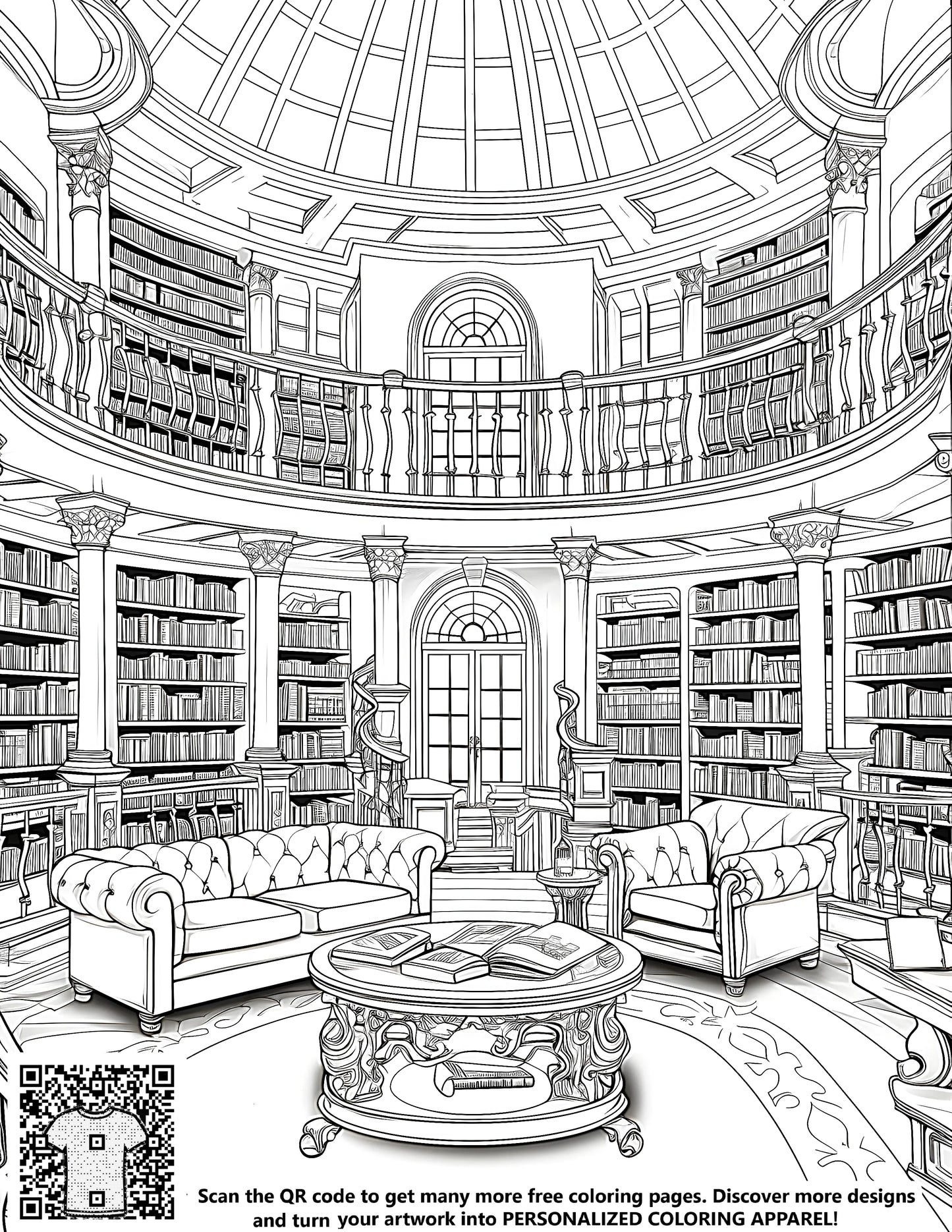 Detailed black and white drawing of a cozy home study, living room, or reading nook with high bookshelves, sofas, round table, and free coloring page