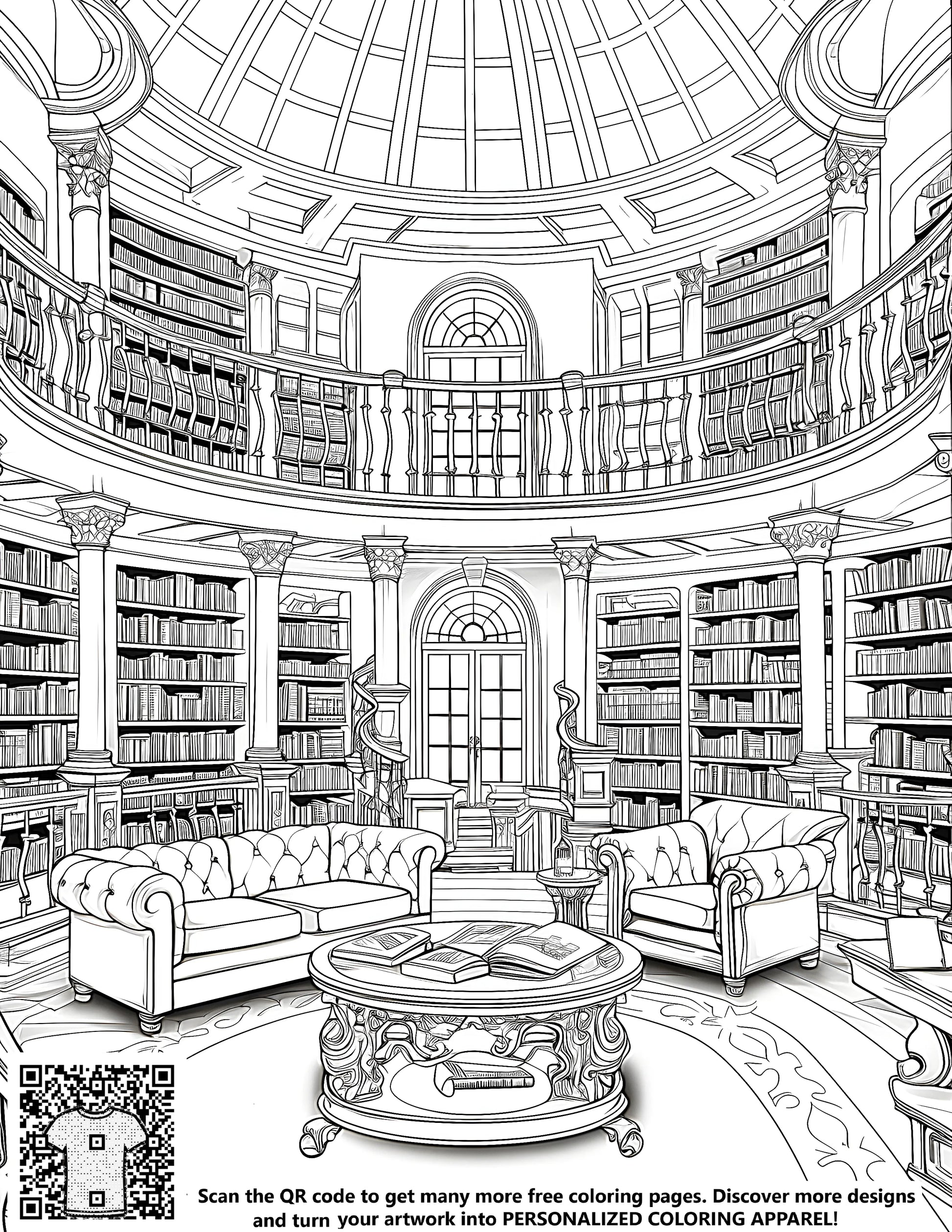 Detailed black and white drawing of a cozy home study, living room, or reading nook with high bookshelves, sofas, round table, and free coloring page