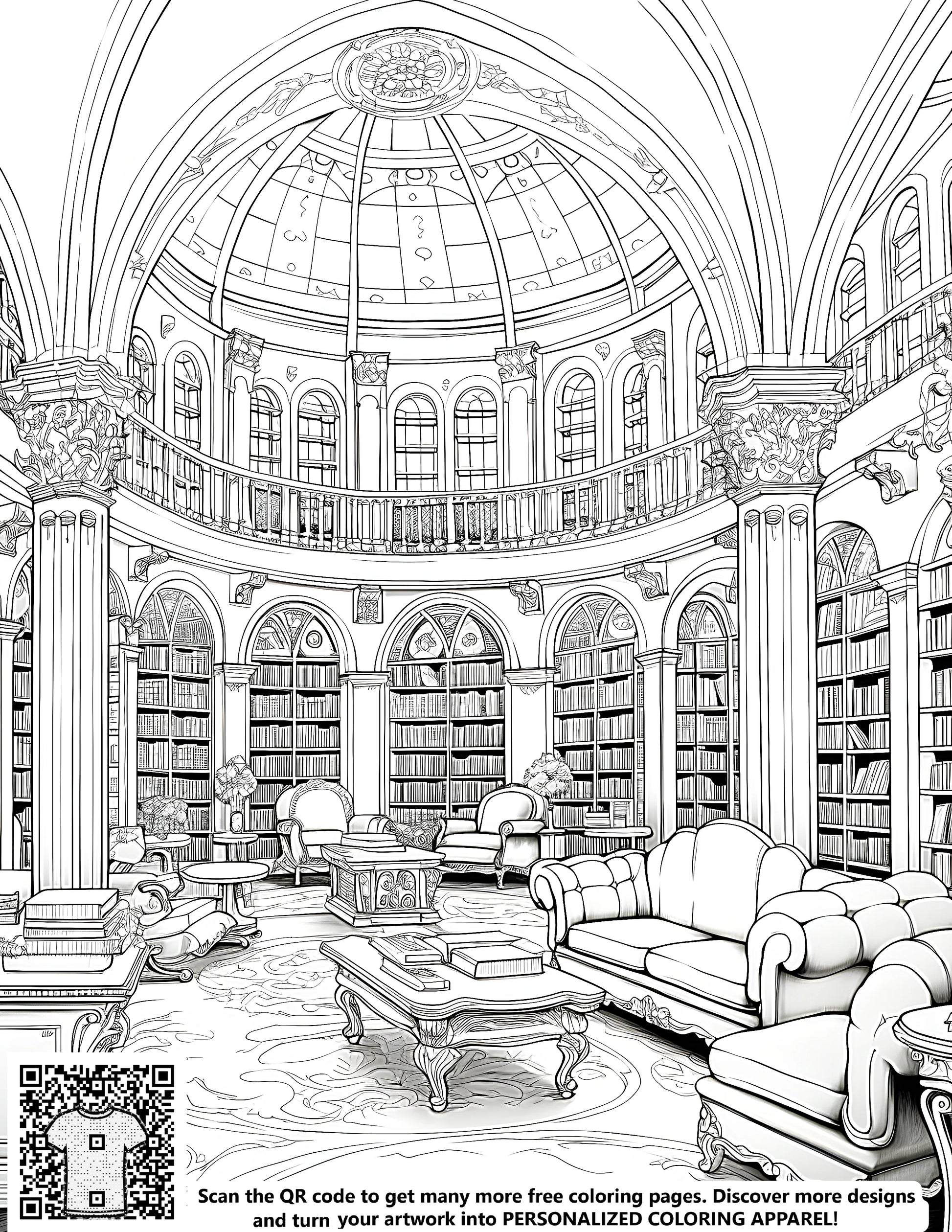 Luxurious library reading room coloring page design