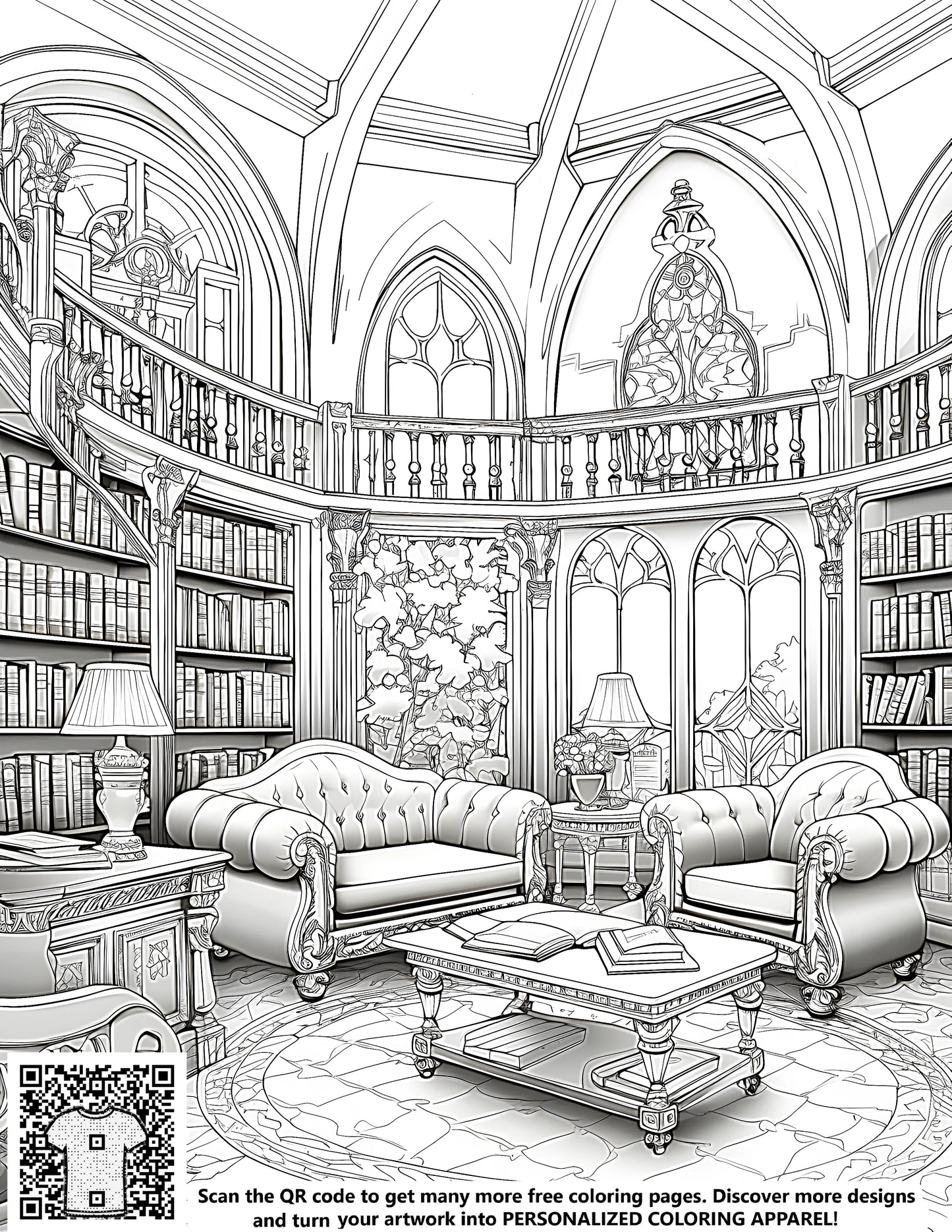 Gothic home study, library decor, bookworm haven, free coloring page illustration