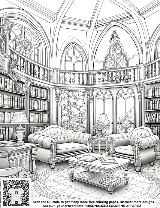 FREE Gothic Home Library Coloring Page - Printable Download