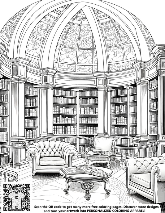 FREE Elegant Library Interior Coloring Page - Printable Download