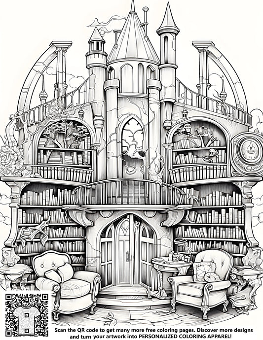 FREE Coloring Page: Intricate Fantastical Library Castle - Download NOW