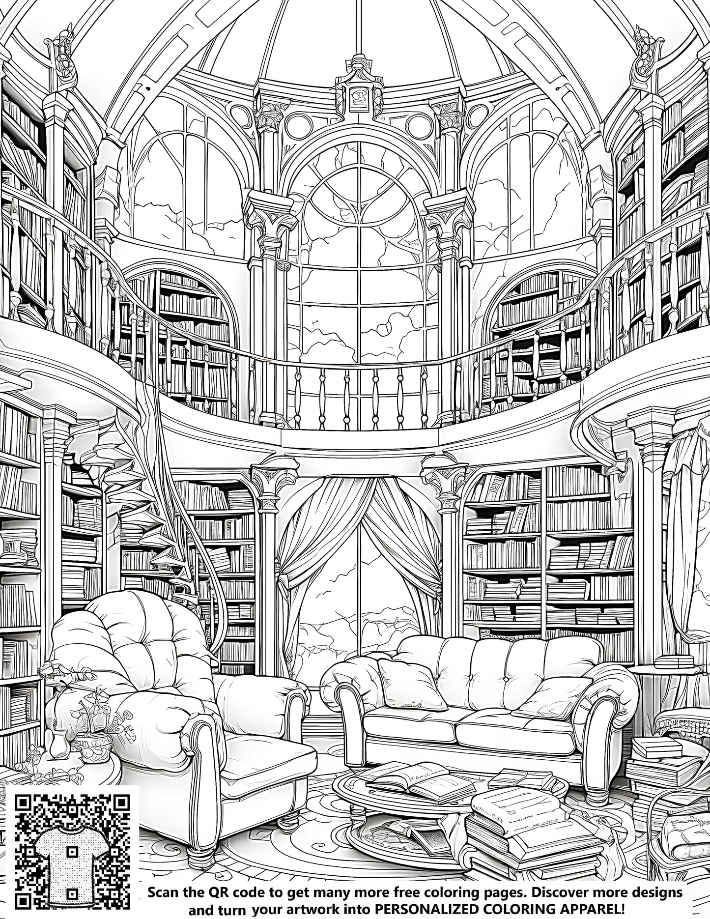 Detailed library bookshelf and study decor free coloring page art