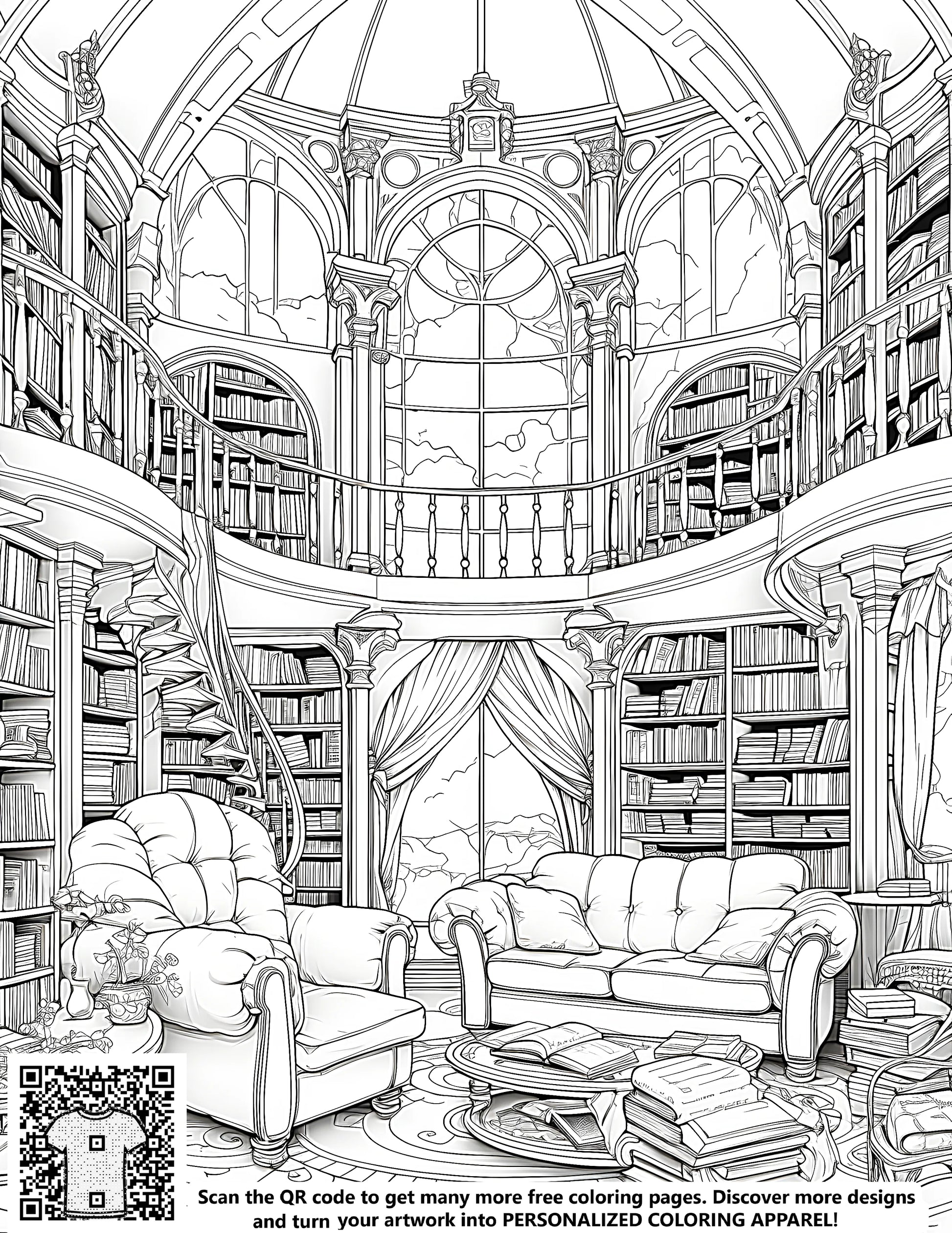 Detailed library bookshelf and study decor free coloring page art
