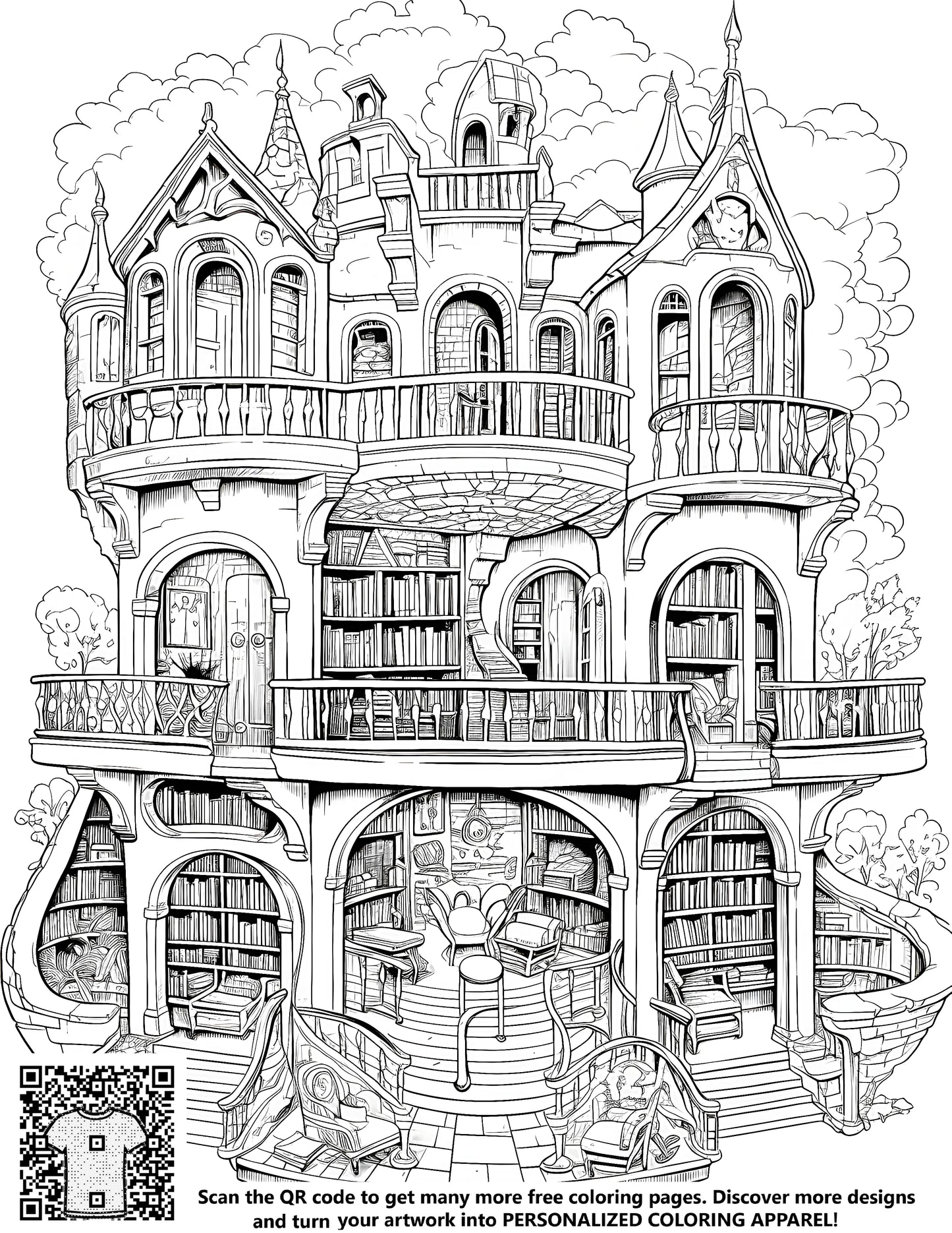 FREE Fantasy House Coloring Page - Intricate Multi-Story Design with Books and Winding Staircases - Printable Download