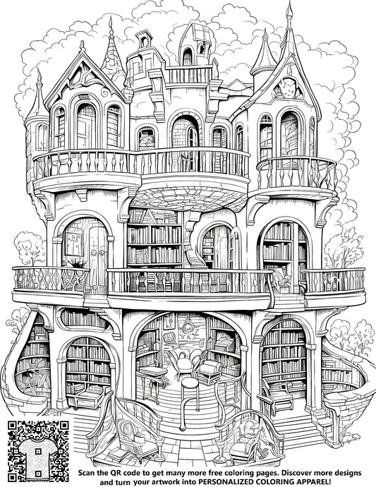 FREE Fantasy House Coloring Page - Intricate Multi-Story Design with Books and Winding Staircases - Printable Download