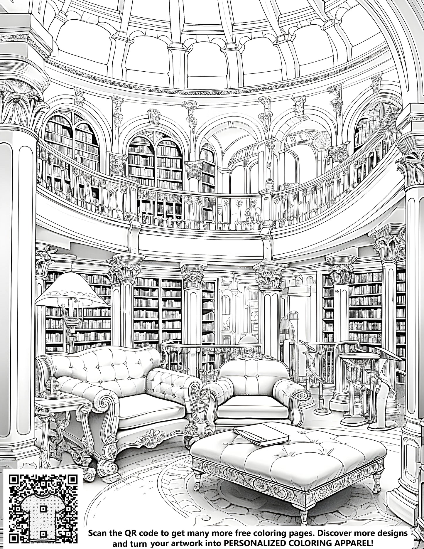 Free coloring page illustration of elegant bookcases, luxurious library decor, and detailed architectural features