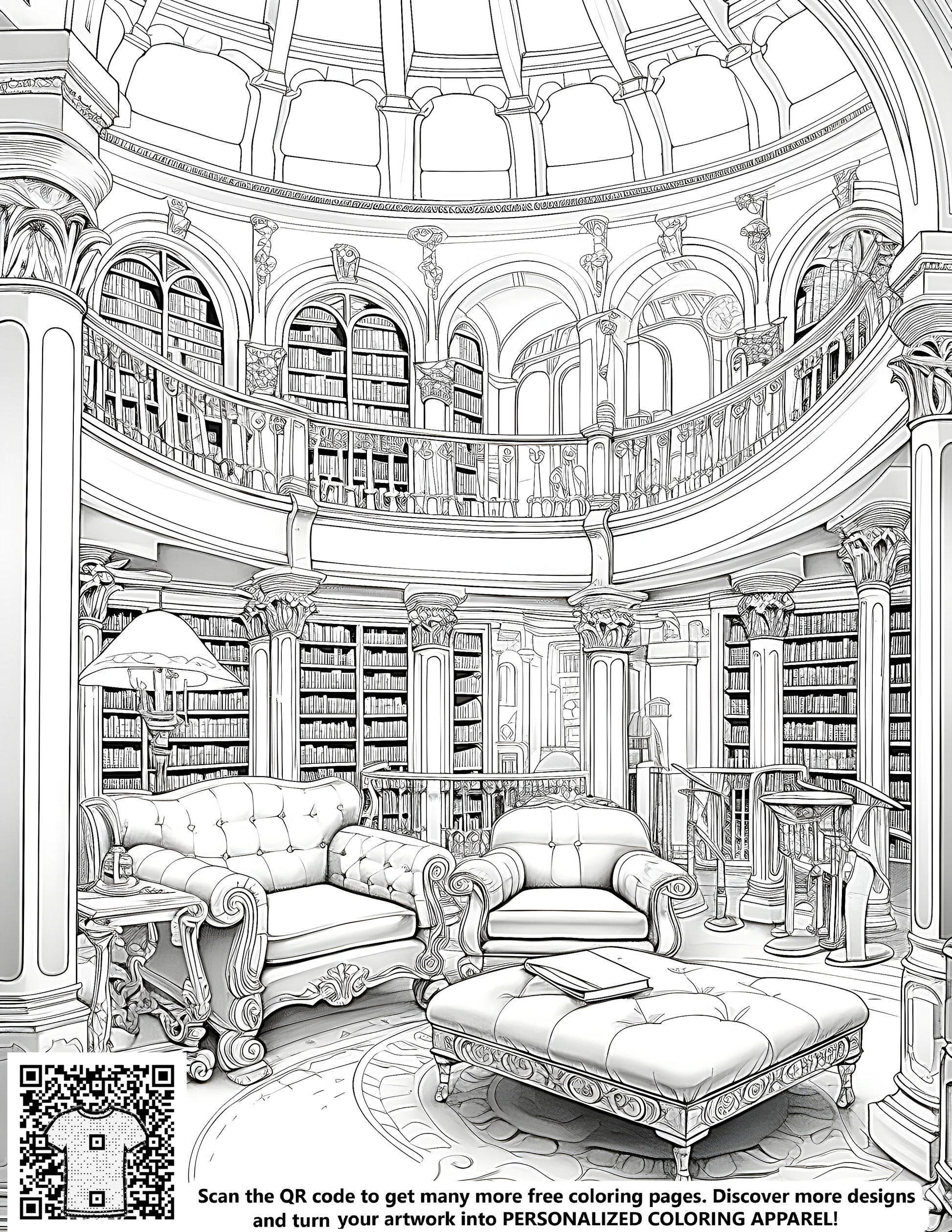 Free coloring page illustration of elegant bookcases, luxurious library decor, and detailed architectural features