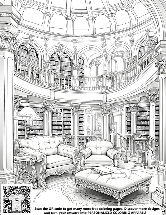 FREE Ornate Library Coloring Page - Printable Detailed Illustration Download