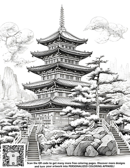 FREE Pagoda Coloring Page - Intricate Black and White Illustration Download