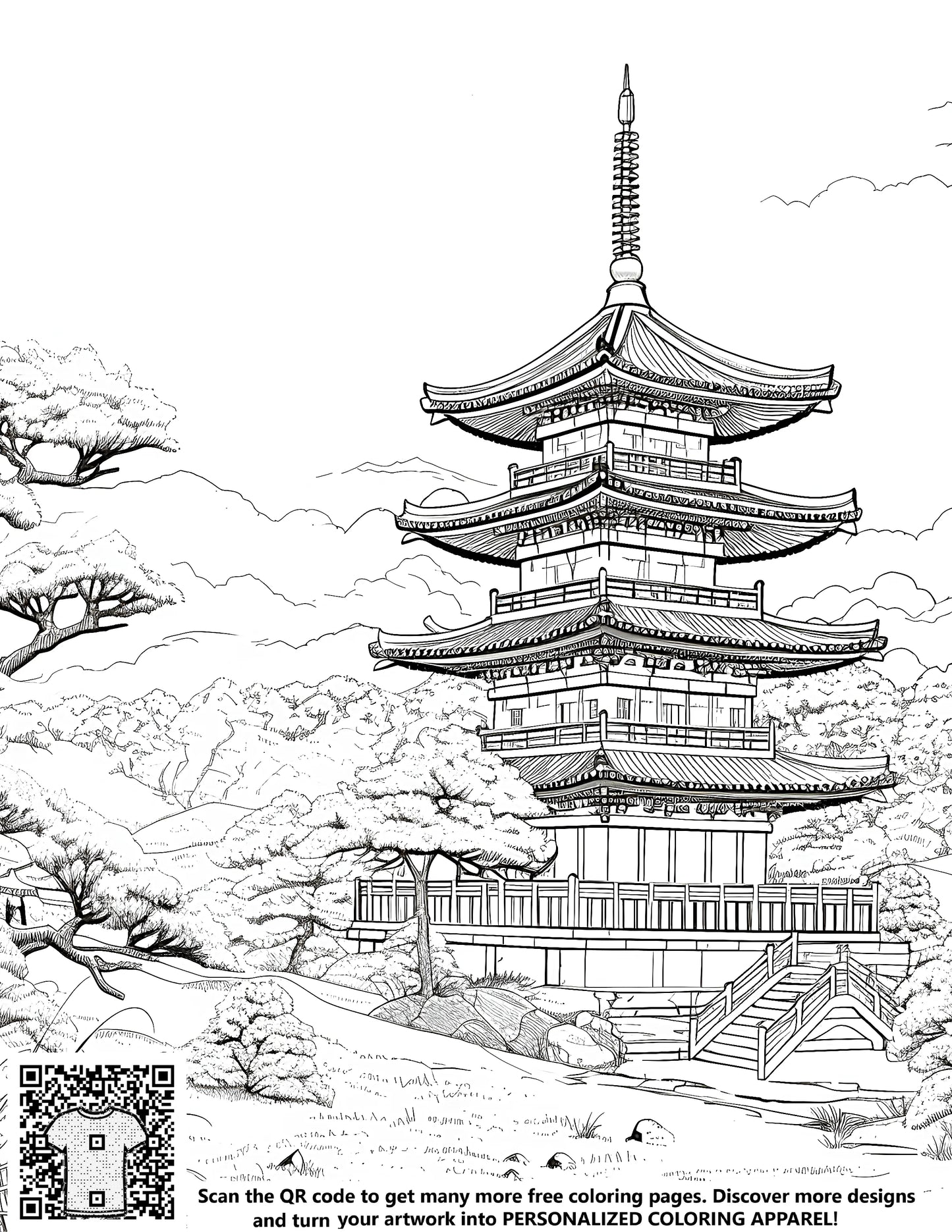 FREE Coloring Page - Detailed Japanese Pagoda with Trees - Printable Download