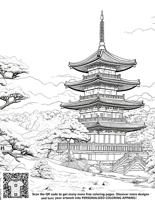 FREE Coloring Page - Detailed Japanese Pagoda with Trees - Printable Download