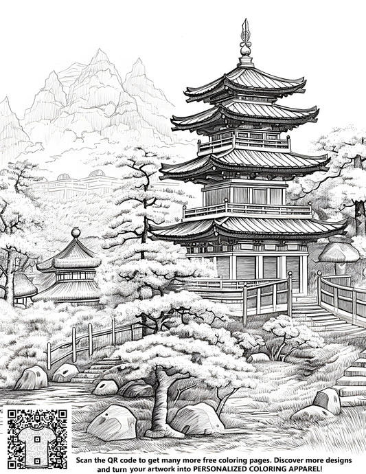 FREE Japanese Pagoda Coloring Page - Printable Serene Garden Scene Download