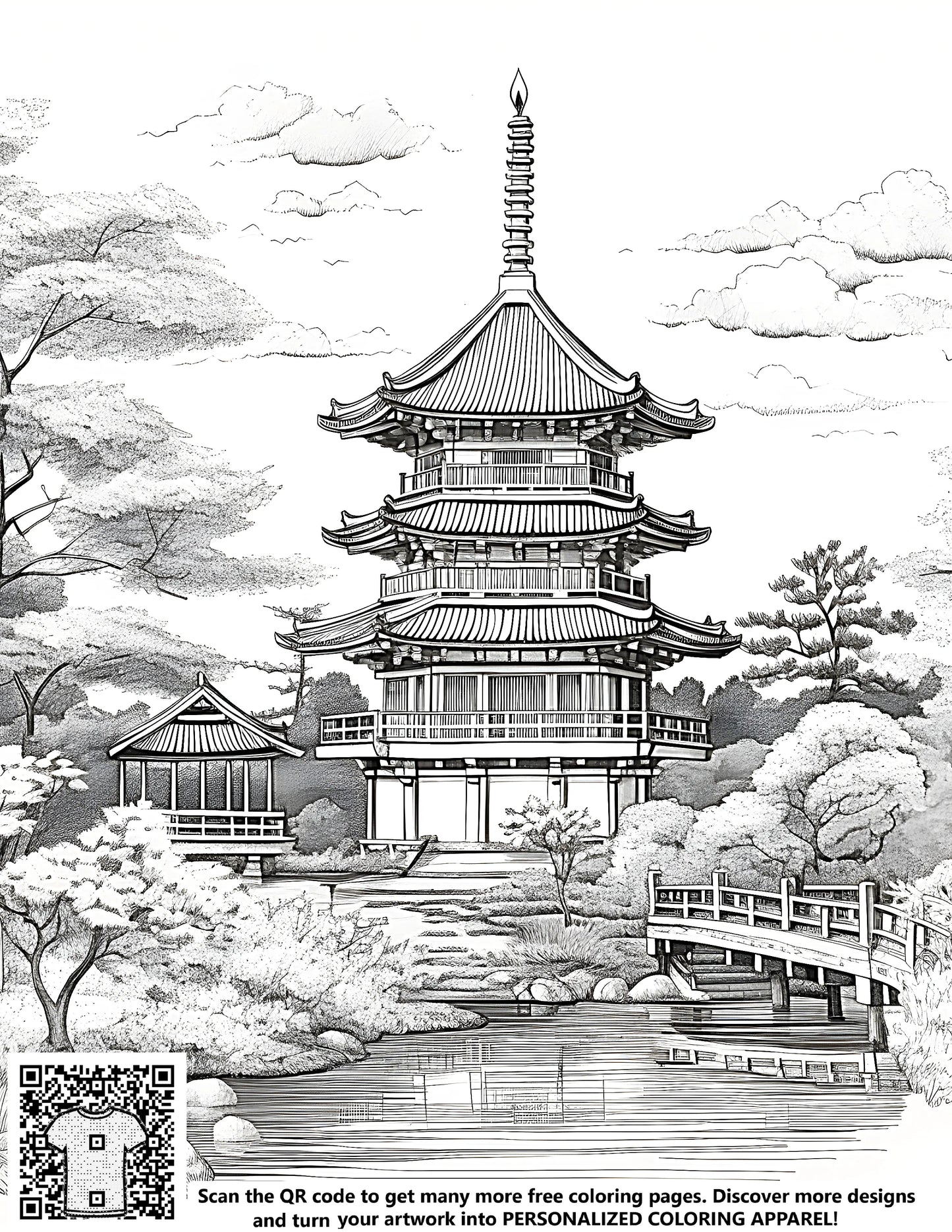 Coloring pages of Japanese pagodas, Buddhist temples, and traditional gardens. Free coloring page kit with 10 fabric markers.