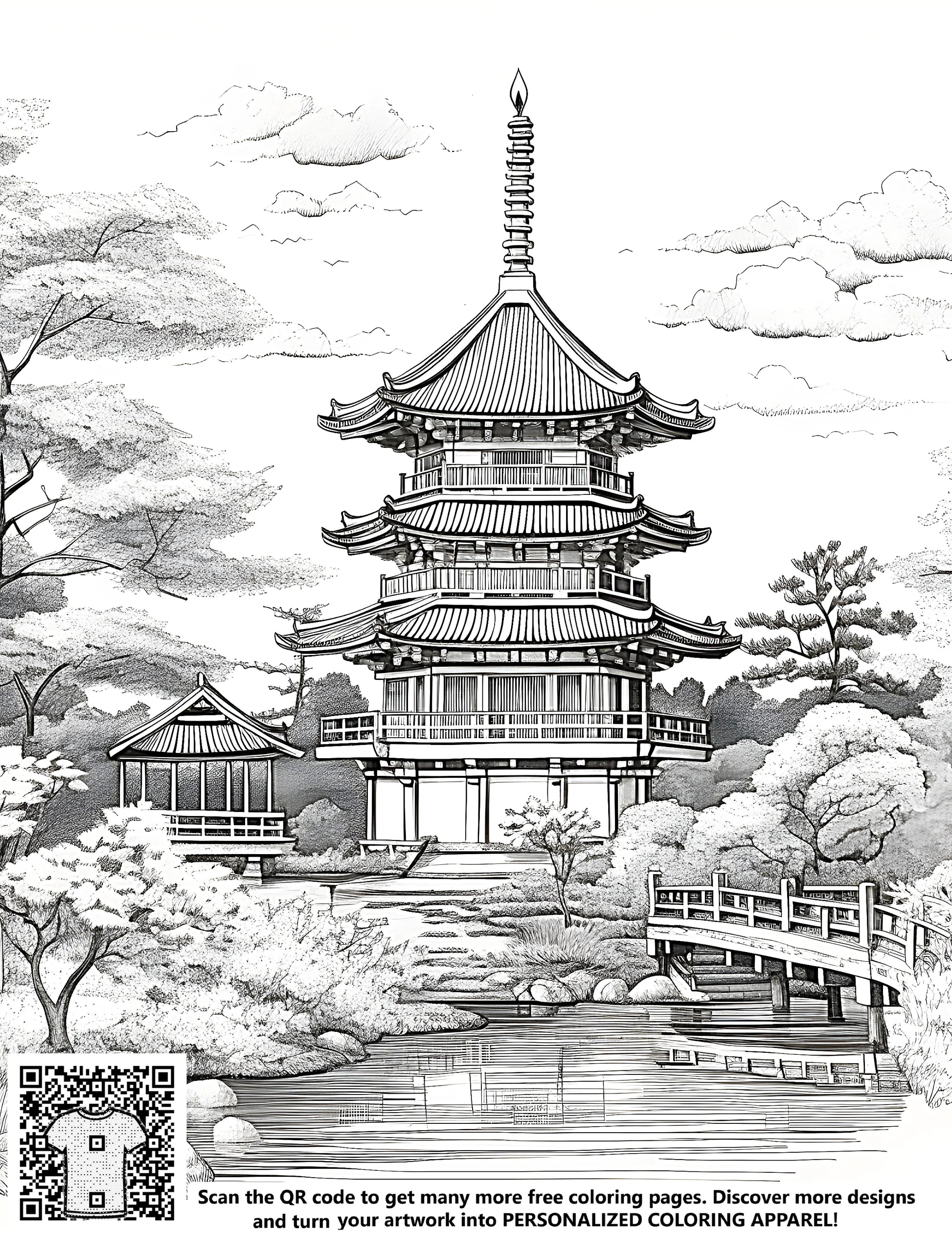 Coloring pages of Japanese pagodas, Buddhist temples, and traditional gardens. Free coloring page kit with 10 fabric markers.