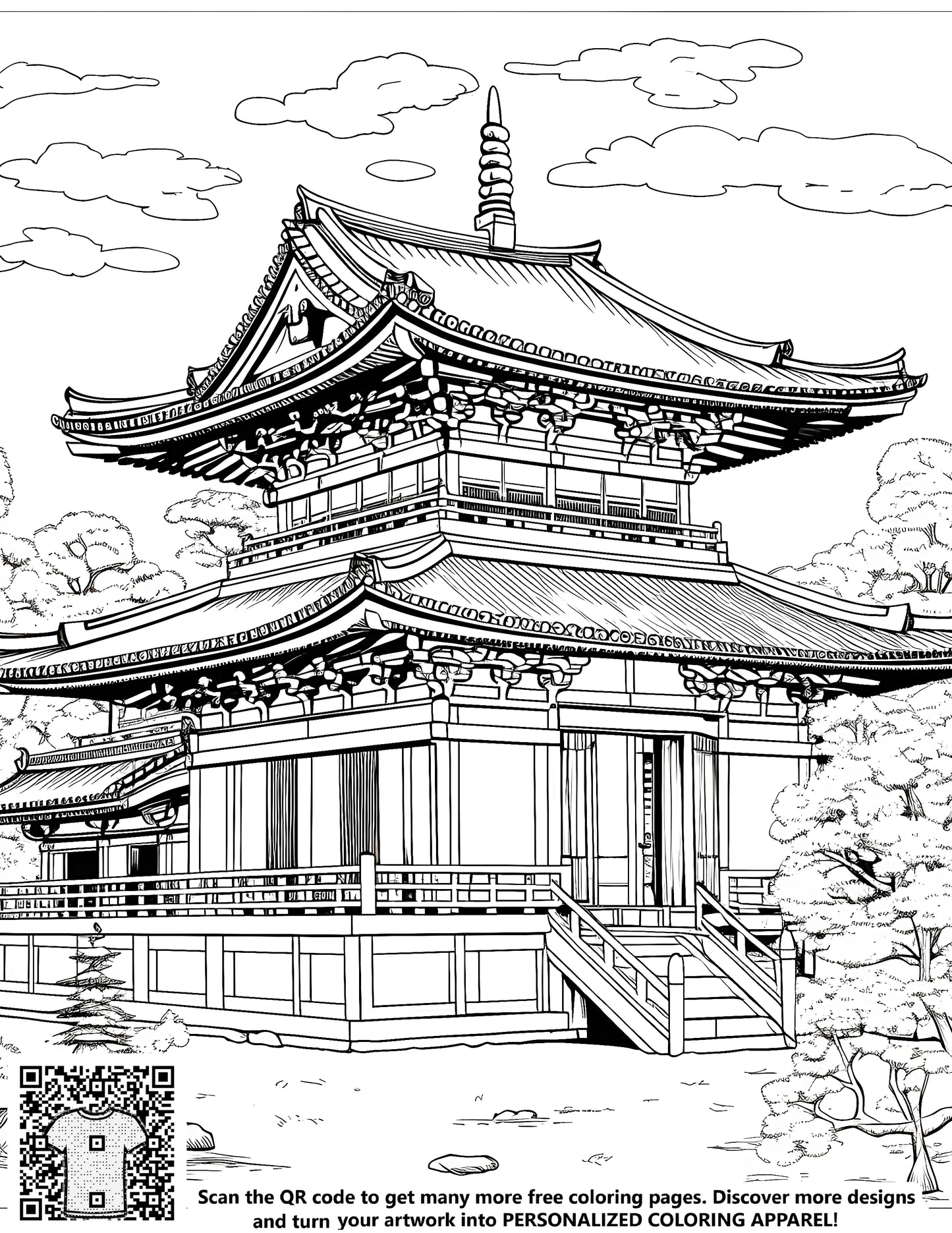 Traditional Japanese temple pagoda illustration for adult coloring book