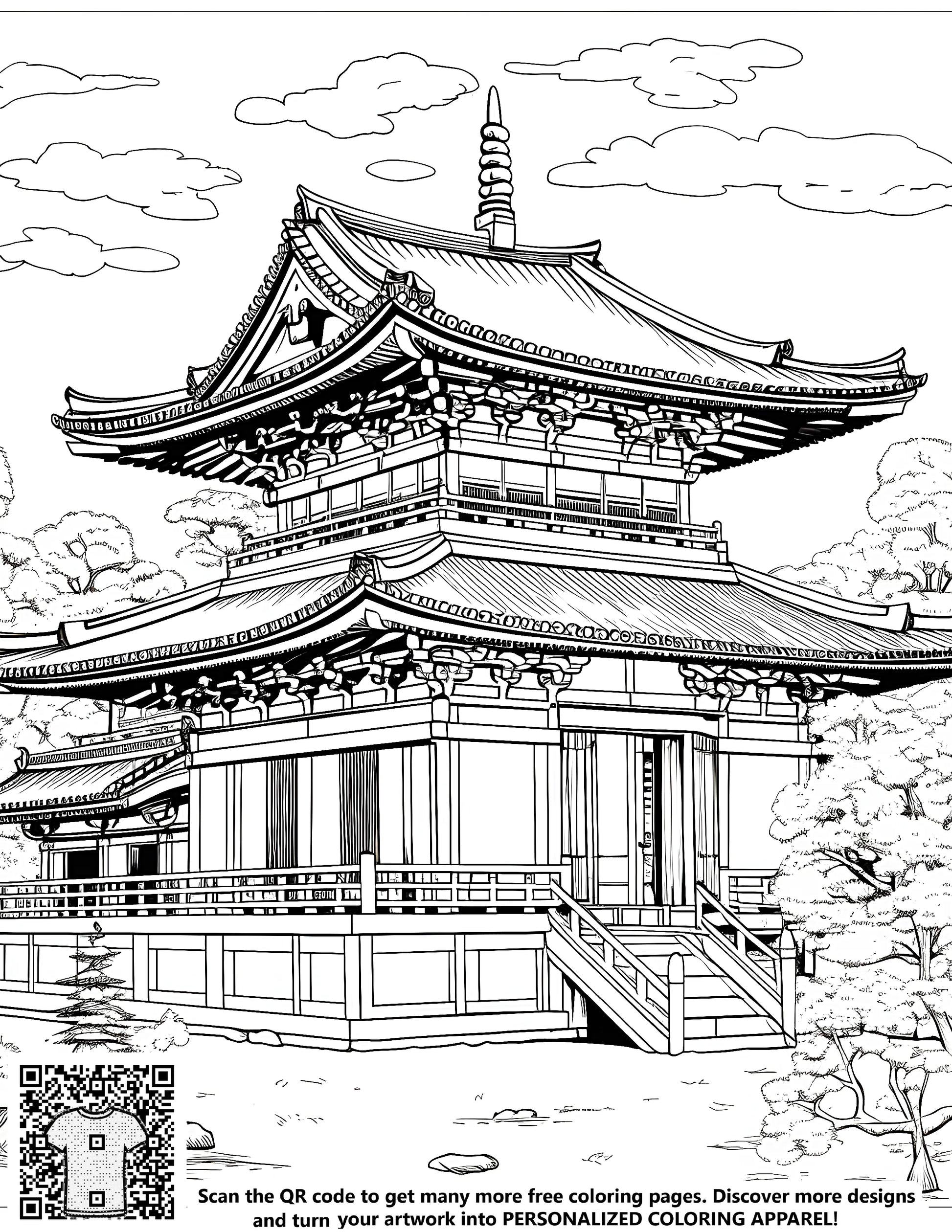 Traditional Japanese temple pagoda illustration for adult coloring book