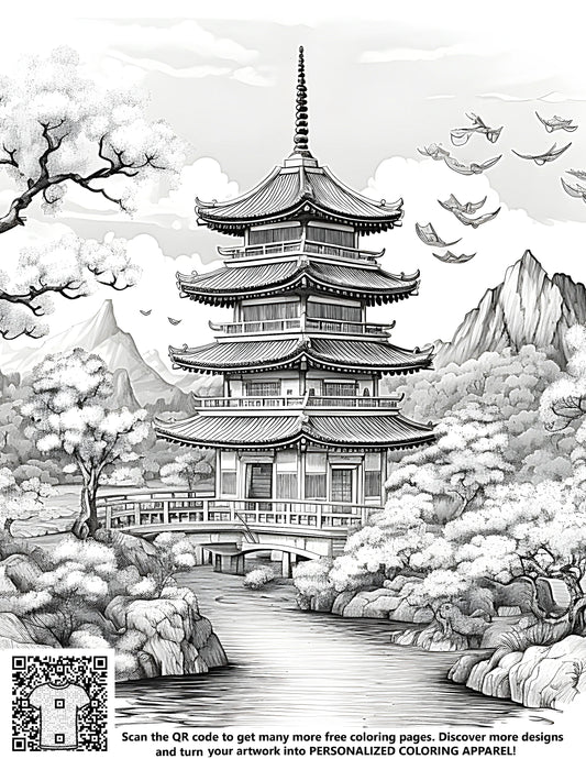 FREE Pagoda by the River Coloring Page - Printable Download