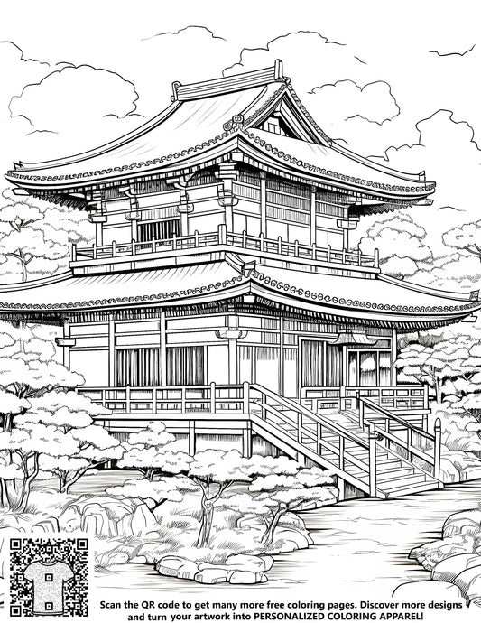 FREE Japanese Pagoda Coloring Page - Printable Garden Scene Download