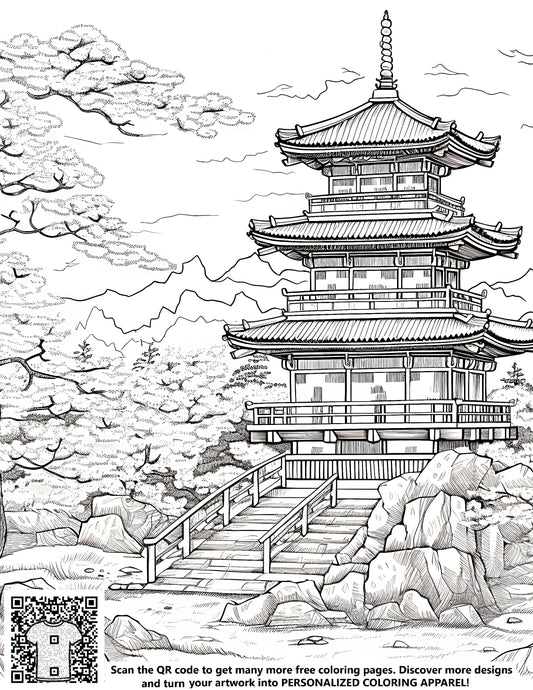 FREE Japanese Pagoda Coloring Page - Printable Detailed Line Drawing with Trees, Mountains, and Bridge