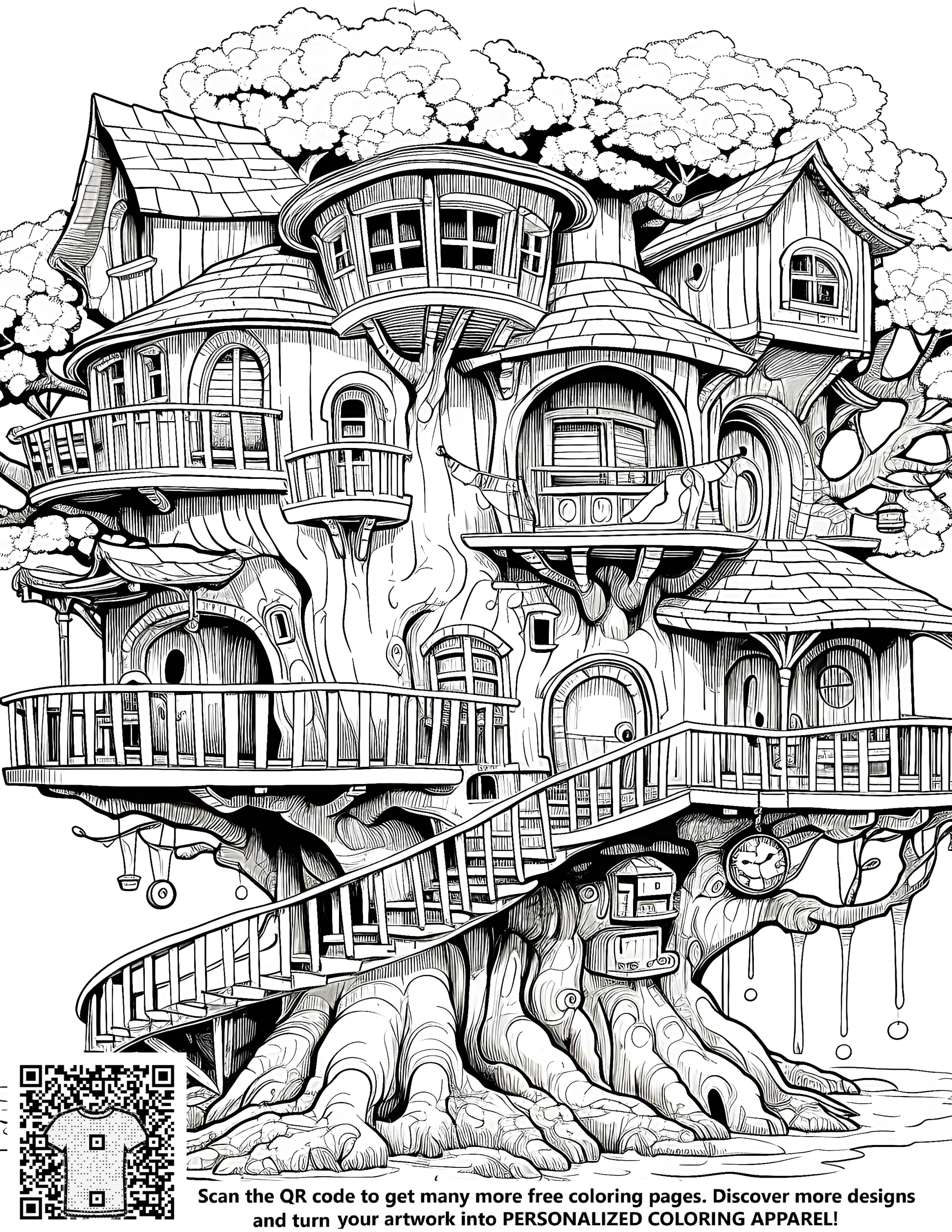 Coloring page illustration of whimsical treehouse