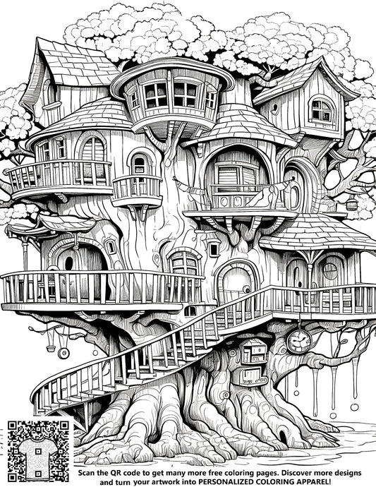 Coloring page illustration of whimsical treehouse