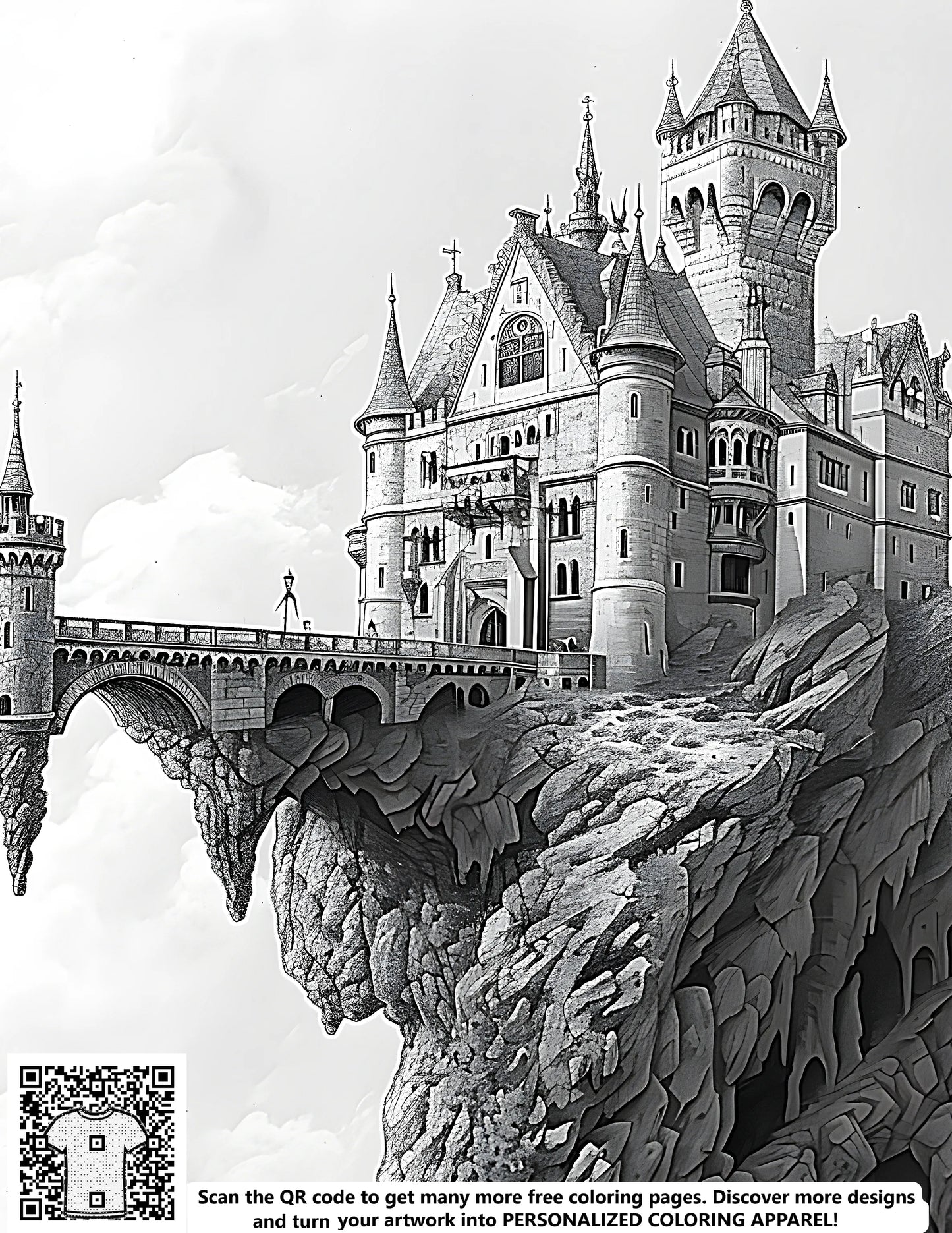 Intricate medieval castle illustration perched atop a rocky cliff, connected to a bridge. Free coloring page for adults and kids.