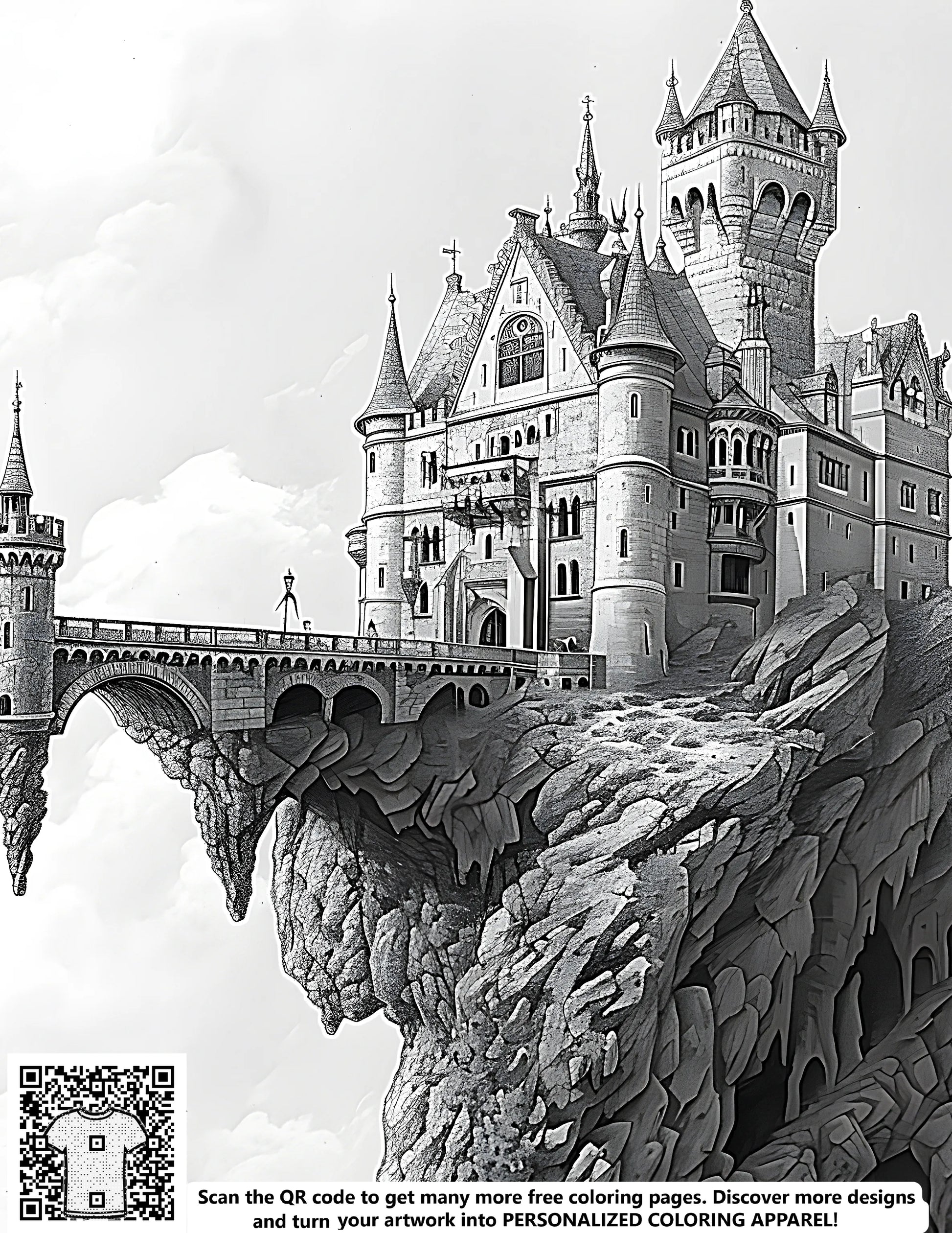 Intricate medieval castle illustration perched atop a rocky cliff, connected to a bridge. Free coloring page for adults and kids.