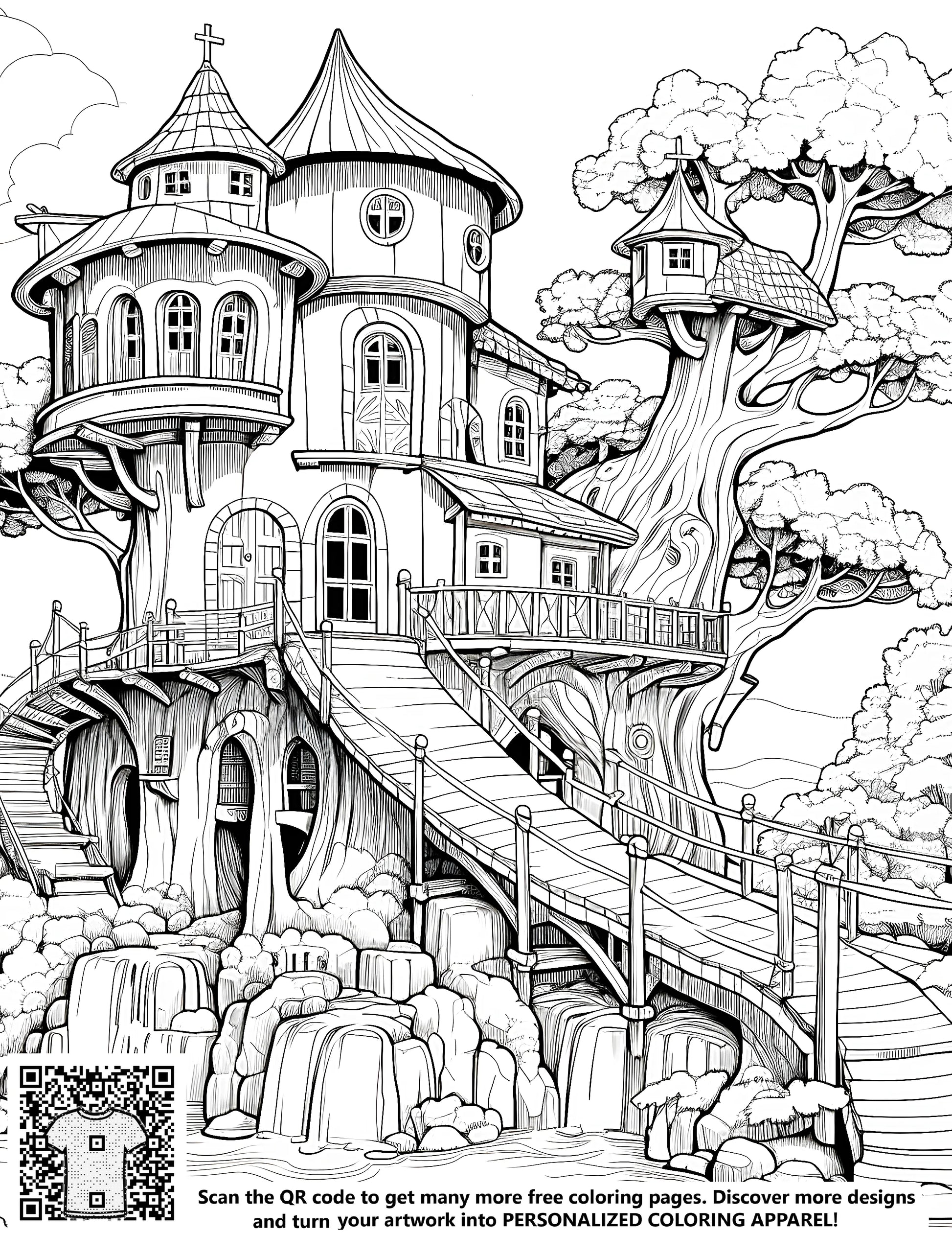 Free coloring pages of treehouses, forts, and playhouses to color. Detailed black-and-white illustration of a complex treehouse design with multiple floors, a bridge, and a waterfall in a wooded area.