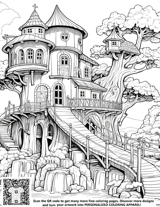 Free coloring pages of treehouses, forts, and playhouses to color. Detailed black-and-white illustration of a complex treehouse design with multiple floors, a bridge, and a waterfall in a wooded area.