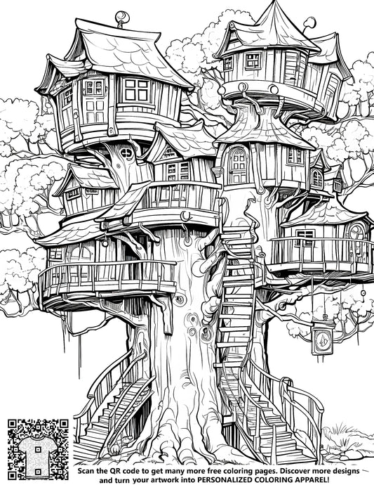 FREE Fantasy Treehouse Coloring Page - Detailed Illustration Download