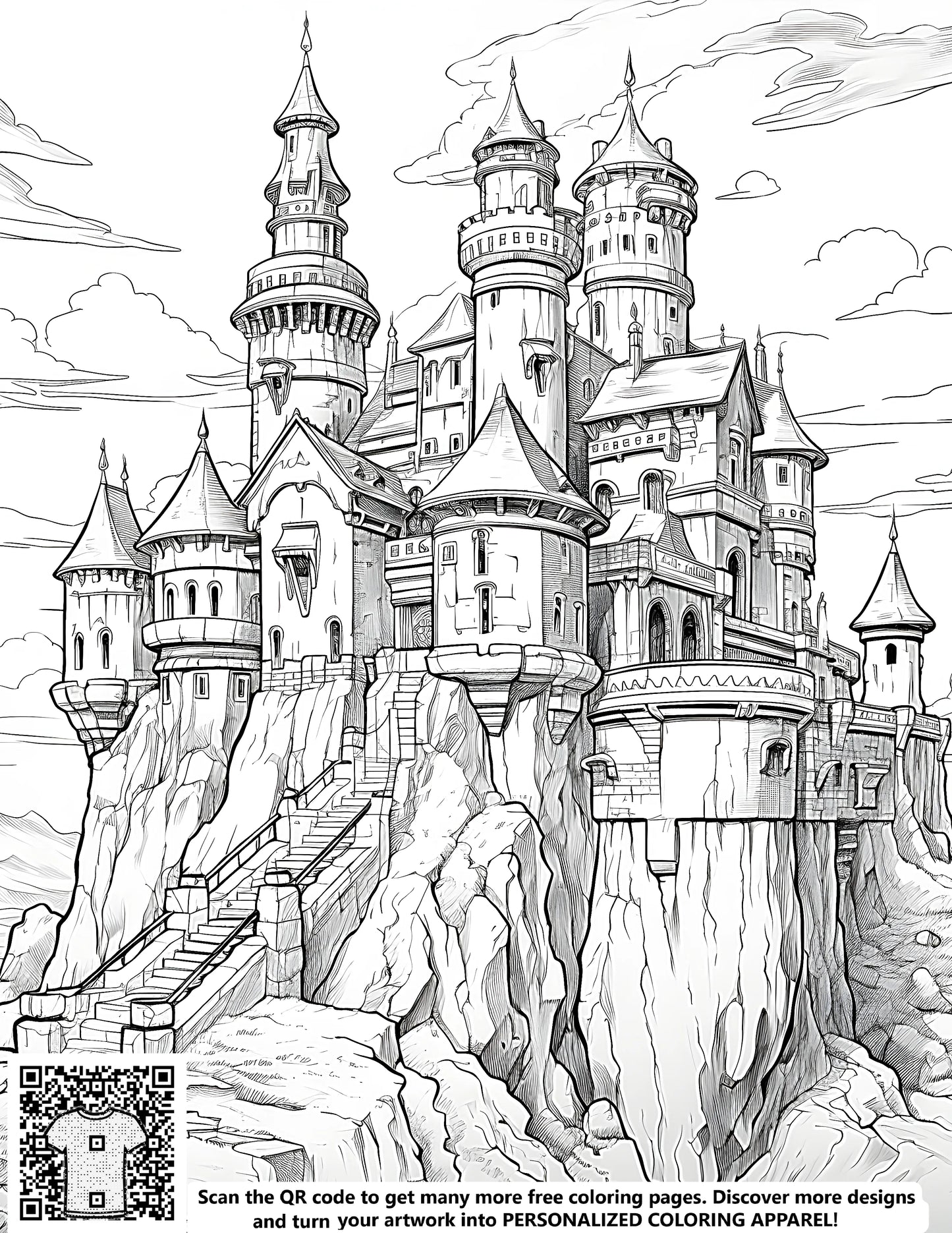 Free coloring page of a medieval castle drawing, perfect for kids' art projects