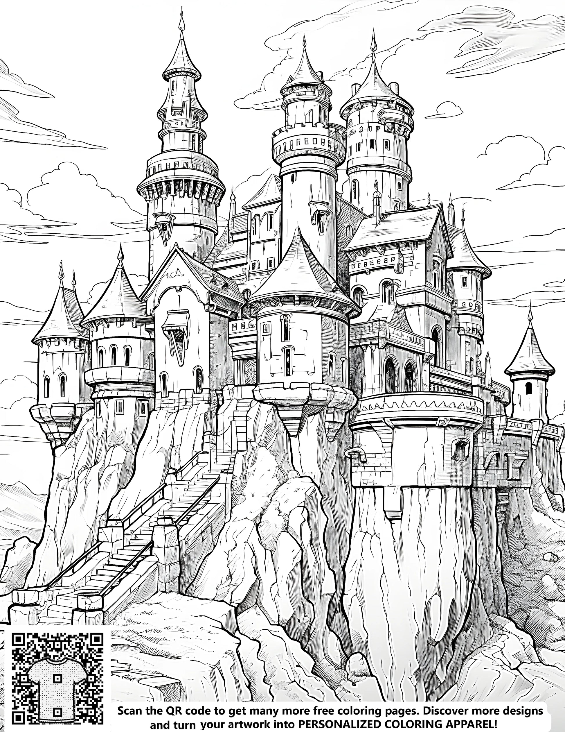 Free coloring page of a medieval castle drawing, perfect for kids' art projects