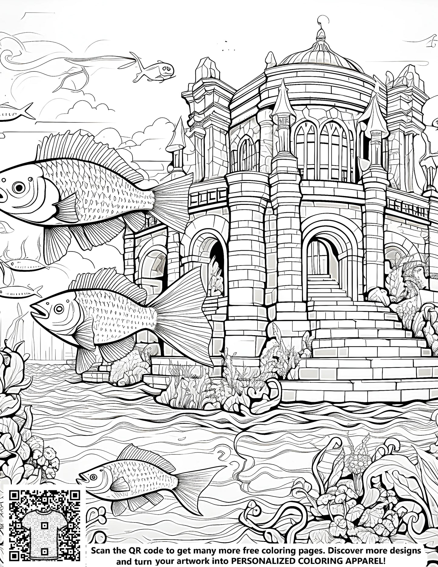 Underwater castle coloring page with intricate details, ocean scene, mermaid architecture, sea castle illustration